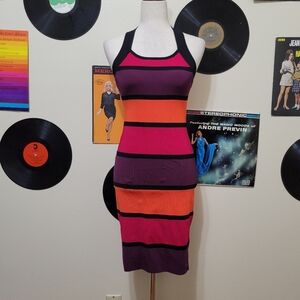 Express | 2011 Black & Bright Multicolor Stripe Halter Bandage Dress